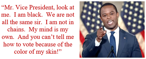 Mr. Vice President, look at me.  I am black.  We are not all the

same sir.  I am not in chains.  My mind is my own.  And you can’t tell

me how to vote because of the color of my skin!